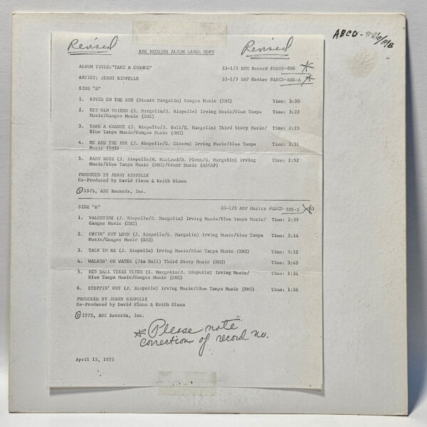 Jerry Riopelle - Take A Chance - ABC Records Advance Copy - Rock / Soft Rock