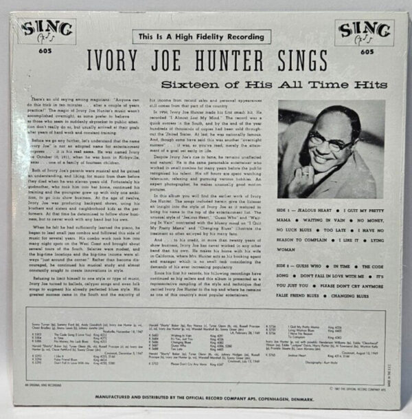 Ivory Joe Hunter Sings Sixteen Of His Greatest Hits - 1st Ed SING 605 NOS SEALED - Image 2
