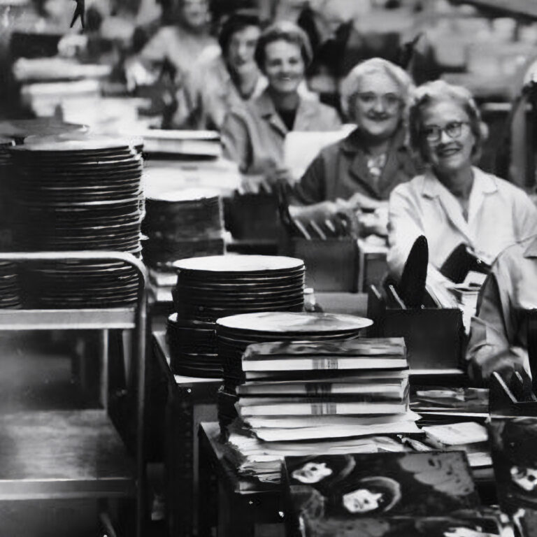 Women inspecting and stacking vinyl records on an assembly line at a record pressing plant in the mid-20th century.