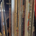 Vinyl records stored vertically on shelves with protective sleeves
