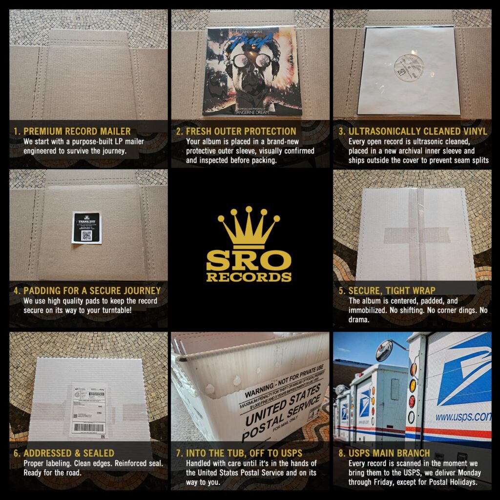 Step-by-step collage showing how SRO Records professionally cleans, protects, packages, and ships vinyl records using premium LP mailers and USPS delivery.